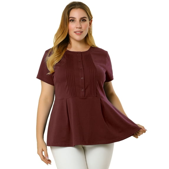 MODA NOVA Juniors Plus Summer Tops Button Front Round Neck Peplum T Shirt Burgundy 3X