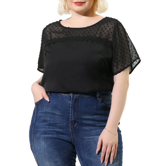 MODA NOVA Juniors' Plus Summer Tops Panel Dots Short Sleeve Blouse Black 4X