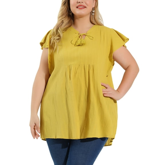MODA NOVA Juniors' Plus V Neck Flutter Short Sleeve Drawstring Top Ginger 3X