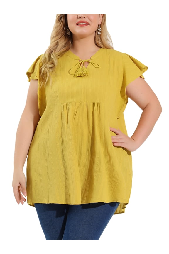 Juniors' Plus V Neck Flutter Short Sleeve Drawstring Top Ginger 3X