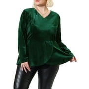 MODA NOVA Juniors' Plus Velvet V Neck Long Sleeve Peplum Tops Dark Green 2X