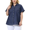 thumbnail image 1 of MODA NOVA Juniors' Plus Workout Tops Chest Pocket Button Down Denim Shirts 1X Black Blue, 1 of 6