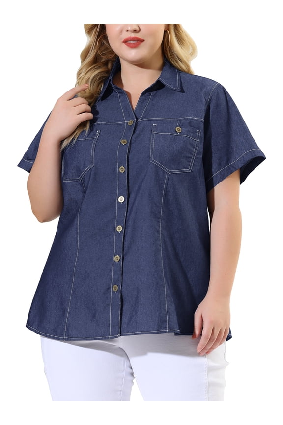 Juniors' Plus Workout Tops Chest Pocket Button Down Denim Shirts 4X Black Blue