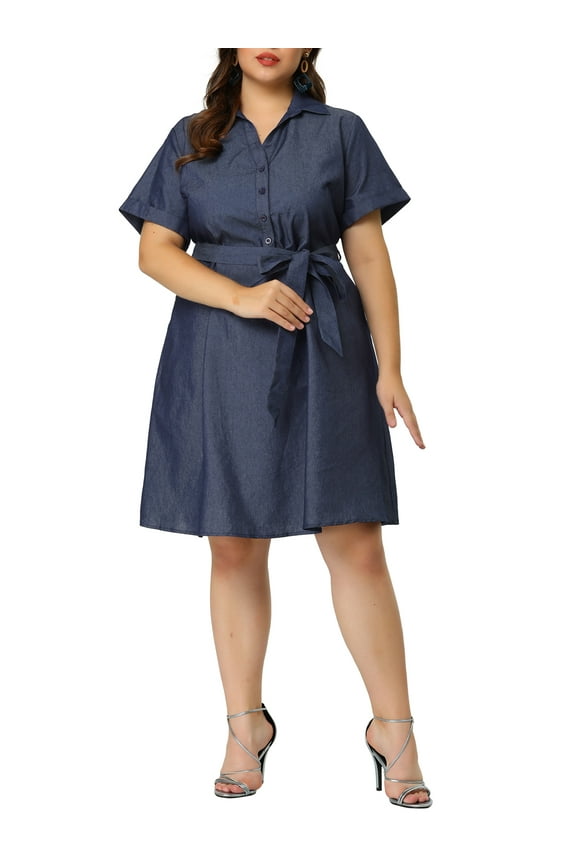 Juniors' Plus Wrap Belted High Waist Chambray Midi Dress