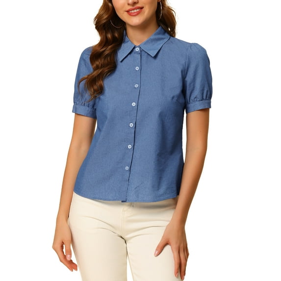 MODA NOVA Juniors Point Collar Puff Short Sleeve Denim Button Down Shirt
