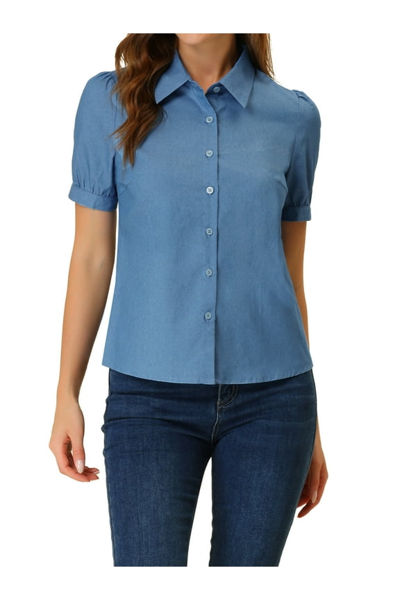 Juniors Point Collar Puff Short Sleeve Denim Button Down Shirt