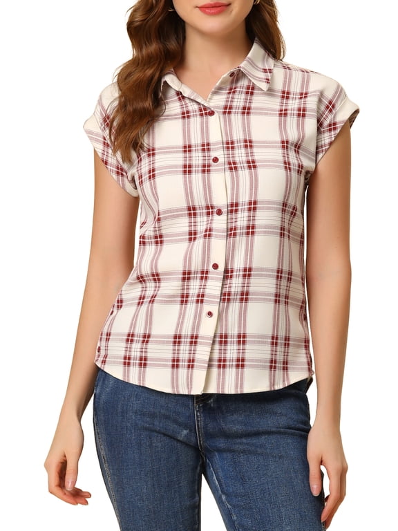 Juniors Point Collar Short Cap Sleeves Plaids Button Down Shirt