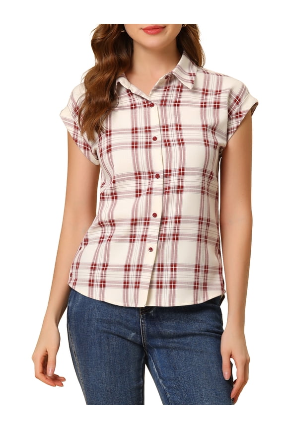 Juniors Point Collar Short Cap Sleeves Plaids Button Down Shirt