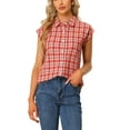 thumbnail image 1 of INSPIRE CHIC Women's Point Collar Short Cap Sleeves Plaids Button Down Shirt XL Reds, 1 of 7