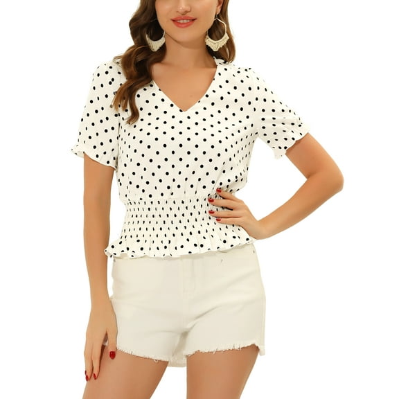INSPIRE CHIC Women's Polka Dots Blouse V Neck Ruffle Short Sleeve Smocked Top Beige M