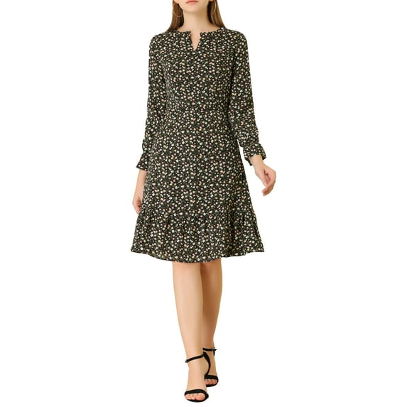 MODA NOVA Juniors Printed Long Sleeves Keyhole Neck Ruffle Hem Midi Dresses S Black
