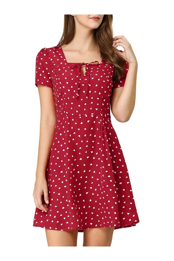 Juniors Printed Square Neck Short Sleeve A-Line Prom Dress