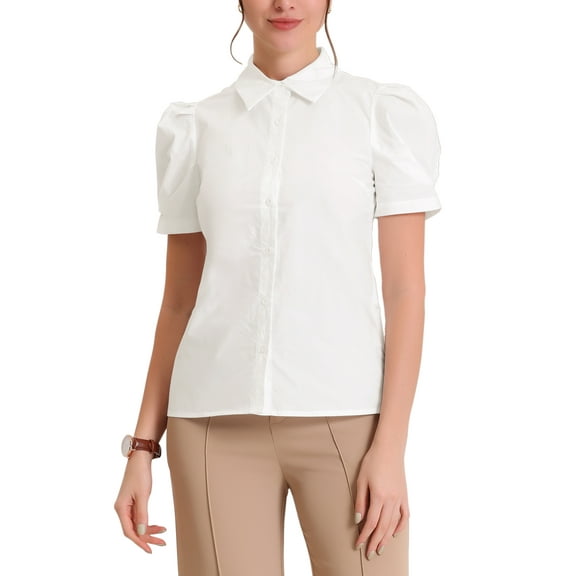 MODA NOVA Juniors Puff Sleeve Turn Down Collared Work Office Button Down Shirt White XS