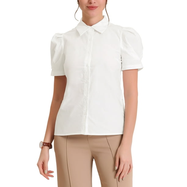 juniors white dress shirt Moda Nova Juniors Puff Sleeve Turn Down Collared Work Office Button Down Shirt White XS, Women's