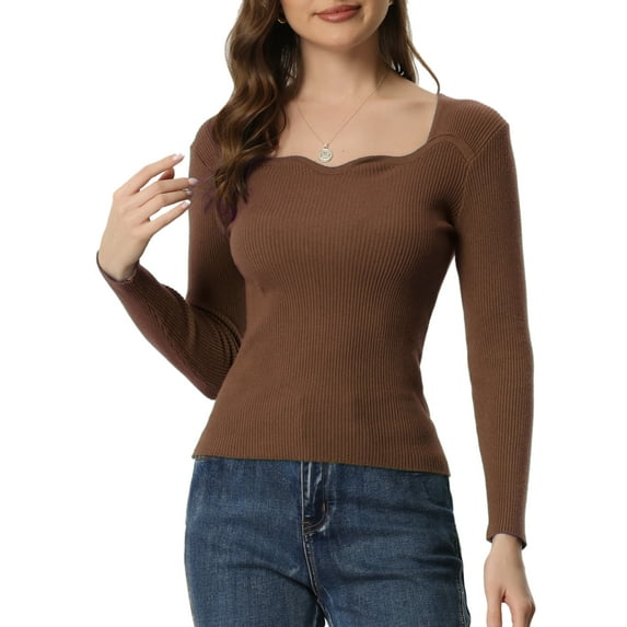 MODA NOVA Juniors Pullover Sweater Long Sleeve Sweetheart Neck Sweater Casual Top Slim Fit Brown XS