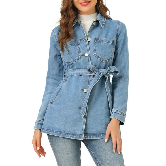 MODA NOVA Juniors Raglan Sleeves Button Up Tie Belt Waist Boyfriend Denim Jacket Blue XS