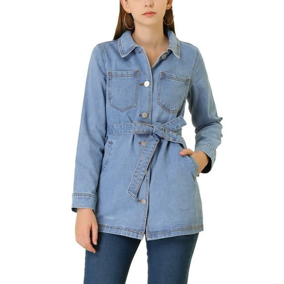 MODA NOVA Juniors Raglan Sleeves Button Up Tie Belt Waist Boyfriend Denim Jacket Dusty Blue M