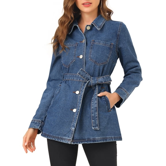MODA NOVA Juniors Raglan Sleeves Button Up Tie Belt Waist Boyfriend Denim Jacket Medium Blue S