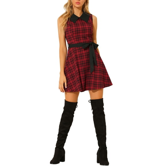 MODA NOVA Juniors Retro Peter Pan Collar Sleeveless A-Line Plaid Dress