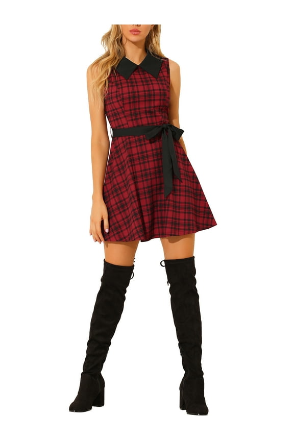 Juniors Retro Peter Pan Collar Sleeveless A-Line Plaid Dress