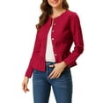 thumbnail image 1 of MODA NOVA Juniors Round Neck Button Down Ruffled Hem Cropped Washed Denim Jacket, 1 of 7