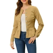 MODA NOVA Juniors Round Neck Button Down Ruffled Hem Cropped Washed Denim Jacket