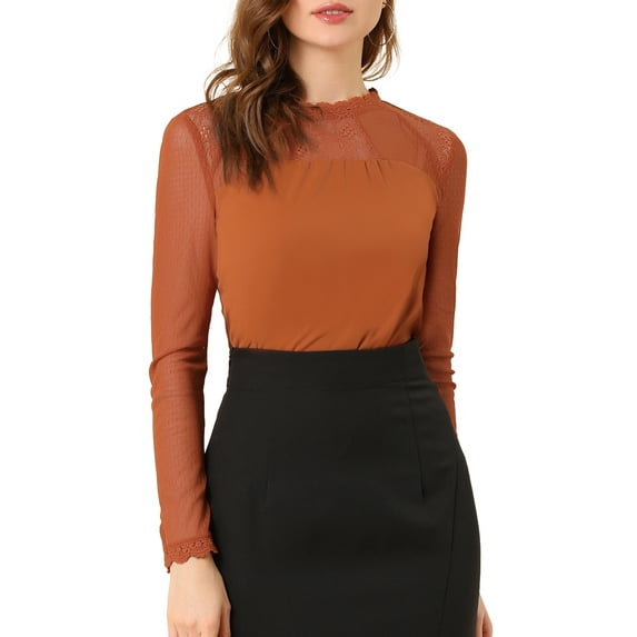 MODA NOVA Juniors Round Neck Casual Blouses Lace Floral Long Sleeve Chiffon Top Brown Red 2XL