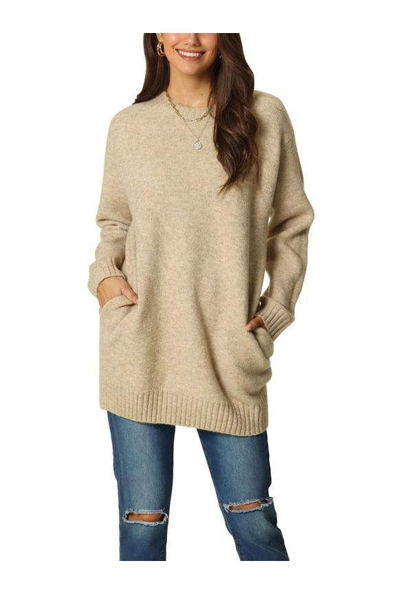 Juniors' Round Neck Long Sleeve Casual Sweater with Pockets