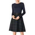 thumbnail image 1 of MODA NOVA Juniors Round Neck Long Sleeves Belted a-Line Buffalo Plaids Dress Navy Green S, 1 of 8