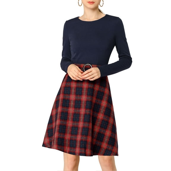 MODA NOVA Juniors Round Neck Long Sleeves Belted a-Line Buffalo Plaids Dress
