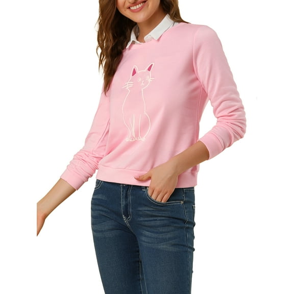 MODA NOVA Juniors Round Neck Long Sleeves Cute Cat Printed Sweatshirt