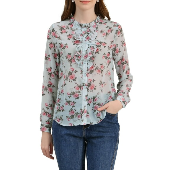 MODA NOVA Juniors Ruffle Collar Long Sleeve Button Down Floral Shirt Light Blue S