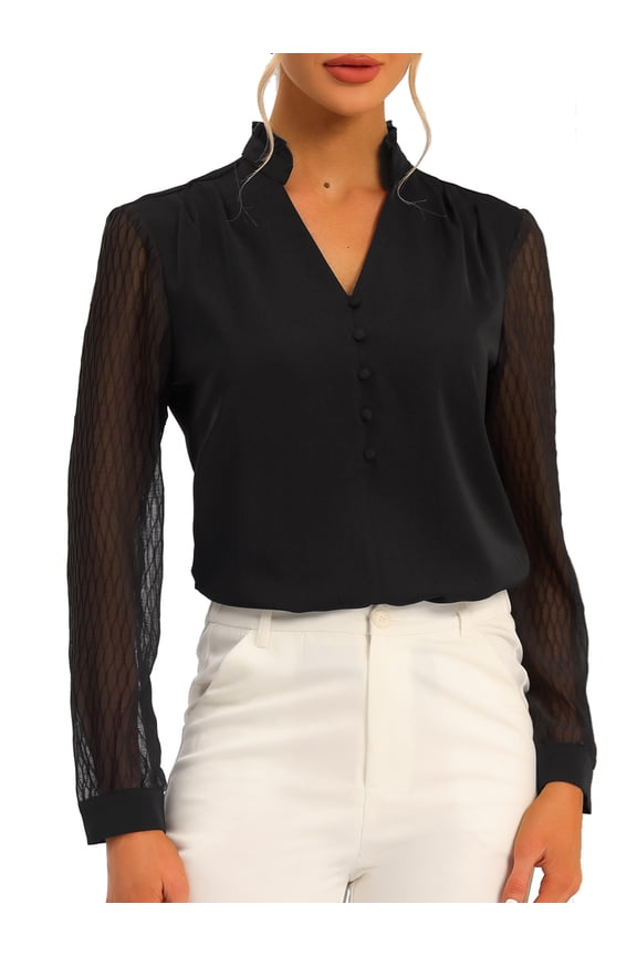 Juniors Ruffle High Neck Shirt Button Decor Sheer Long Sleeve Blouse Tops