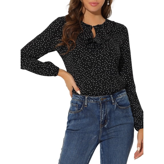 MODA NOVA Juniors Ruffle Neck Long Sleeve Polka Dots Blouse Shirts Black-Dots S