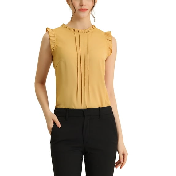 MODA NOVA Juniors Ruffled Mandarin Collar Sleeveless Pleated Work Blouse
