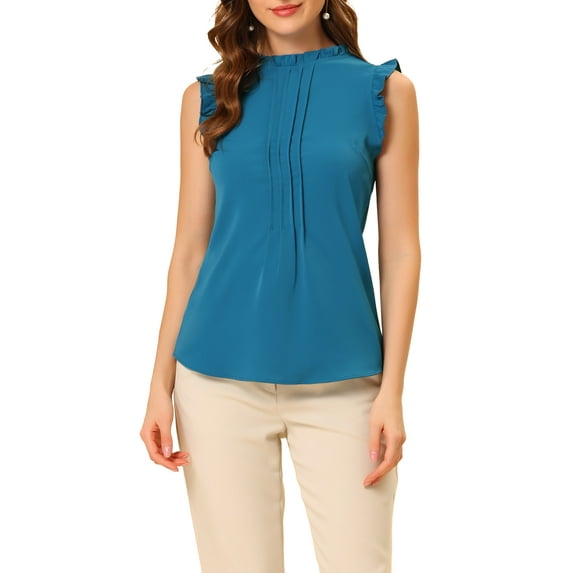 MODA NOVA Juniors Ruffled Mandarin Collar Sleeveless Pleated Work Blouse
