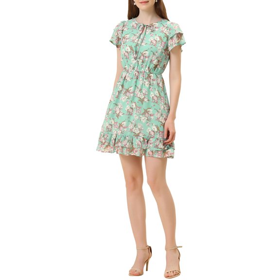 MODA NOVA Juniors Ruffled Sleeve Self-Tie V Neck Above Knee Chiffon Floral Ruffle Dress