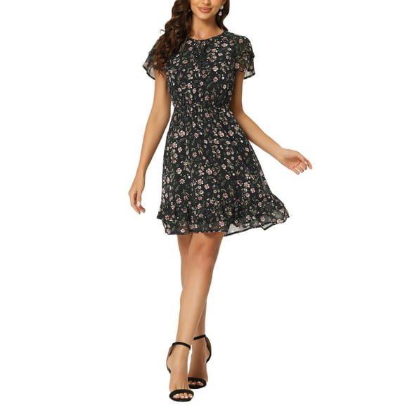 MODA NOVA Juniors Ruffled Sleeve Self-Tie V Neck Above Knee Chiffon Floral Ruffle Dress