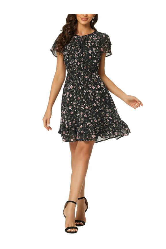 Juniors Ruffled Sleeve Self-Tie V Neck Above Knee Chiffon Floral Ruffle Dress