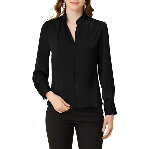 MODA NOVA Juniors Ruffled Stand Collar Long Sleeve Button Office Satin Shirt Black XL
