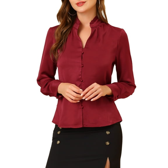 MODA NOVA Juniors Ruffled Stand Collar Long Sleeve Button Office Satin Shirt Burgundy M