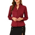thumbnail image 1 of MODA NOVA Juniors Ruffled Stand Collar Long Sleeve Button Office Satin Shirt Burgundy XS, 1 of 6