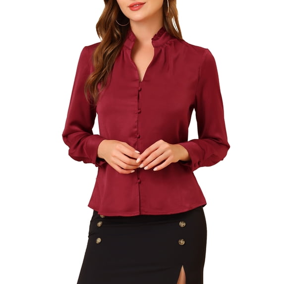 MODA NOVA Juniors Ruffled Stand Collar Long Sleeve Button Office Satin Shirt Burgundy XS