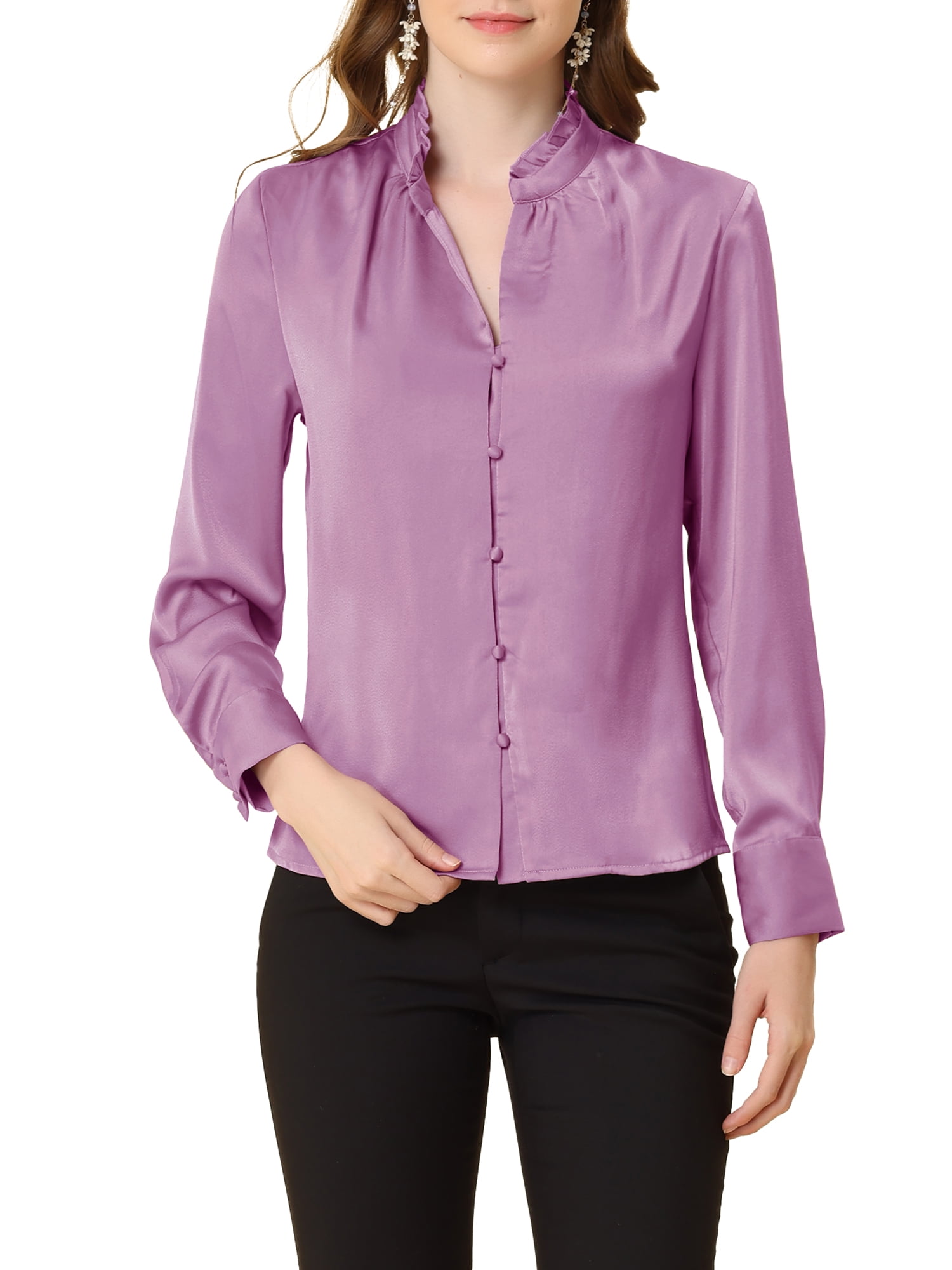 juniors purple dress shirt MODA NOVA Juniors Sweet Ruffle Peter Pan Collar Button up Work Shirts Light Purple M