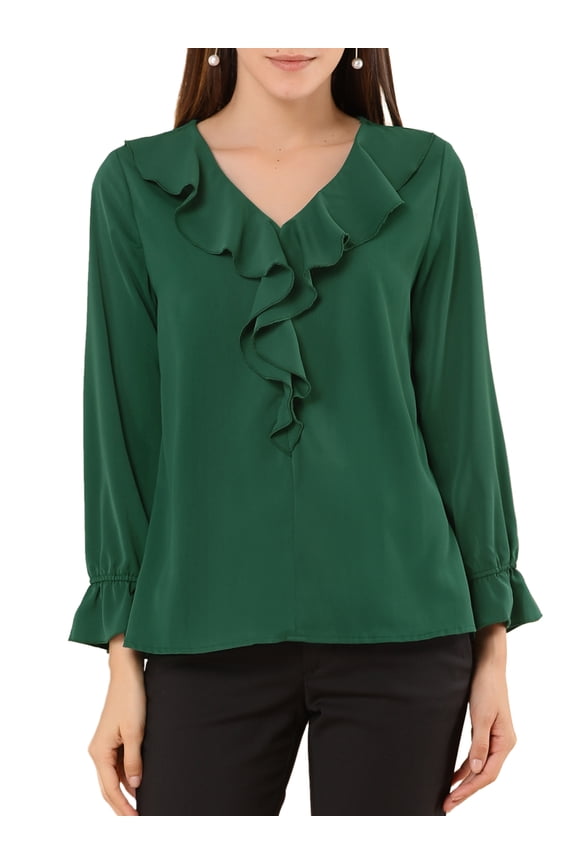 Juniors Ruffled V Neck Bracelet Sleeve Elegant Chiffon Blouse