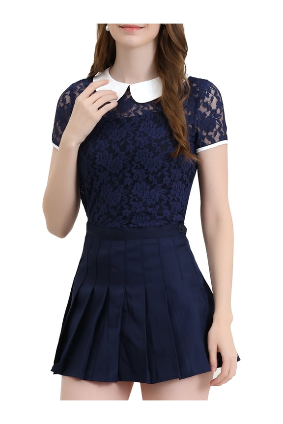 Juniors See Through Contrast Color Collar Lace Top Blouse Dark Blue S