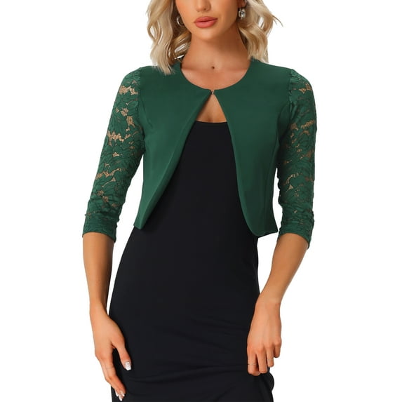 MODA NOVA Juniors Semi-Sheer Floral Lace 3/4 Sleeve Cropped Shrug Cardigan