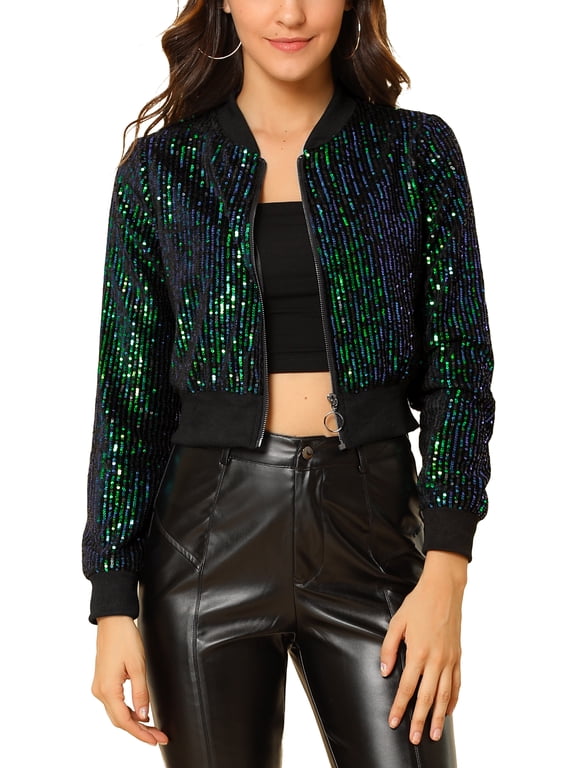 Juniors Sequin Sparkle Zipper Cropped Bomber Jacket