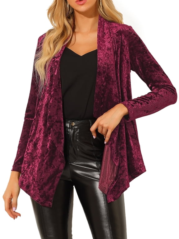 Juniors Shawl Collar Open Front Pockets Stretchy Velvet Cardigan