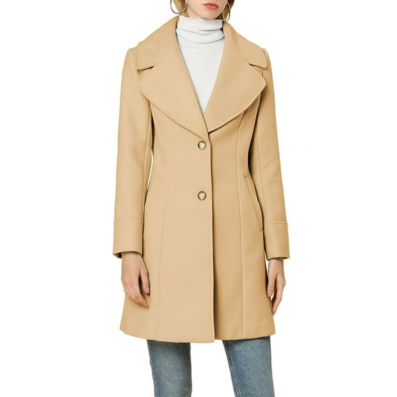 MODA NOVA Juniors Shawl Collar Single Breasted Mid-Thigh Winter Overcoat Khaki S